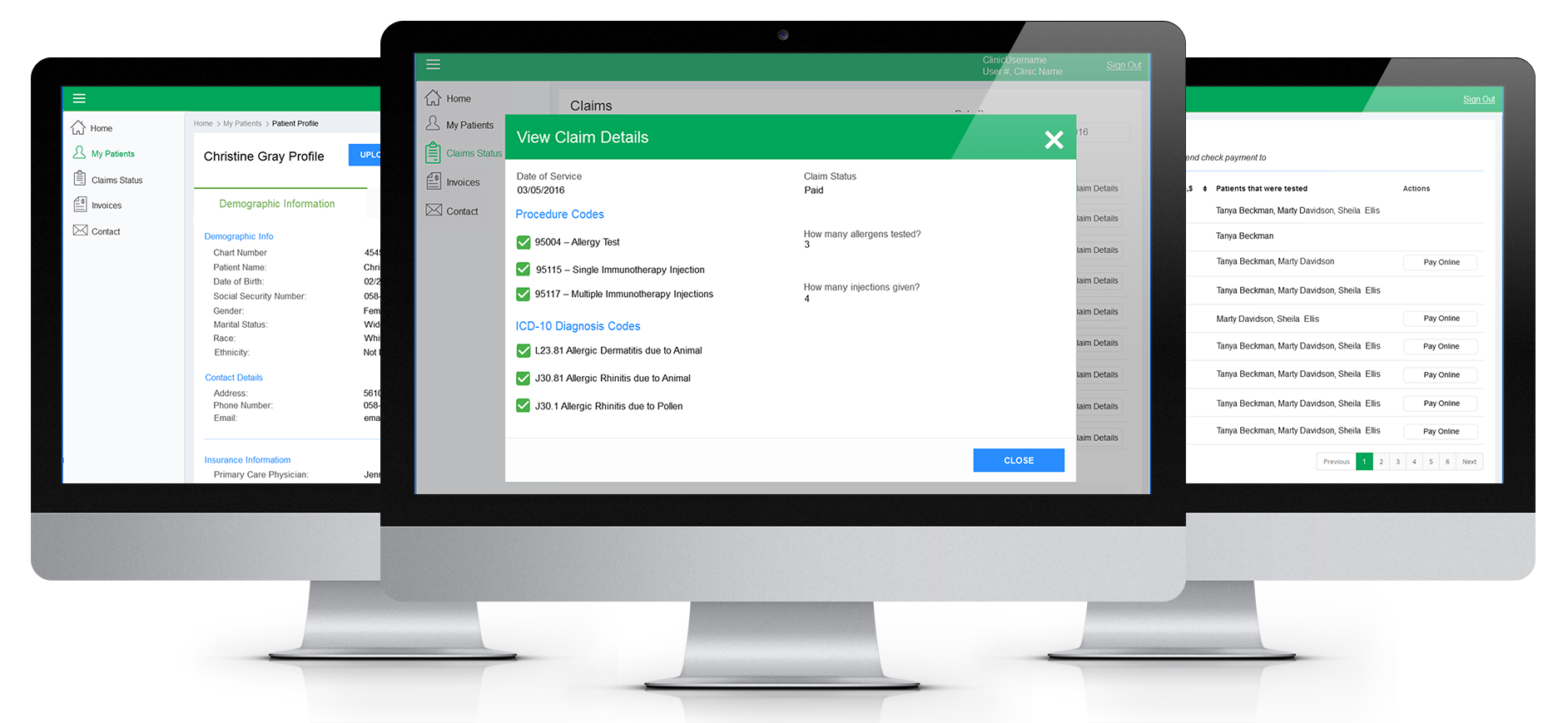 allergy web portal 3 screens